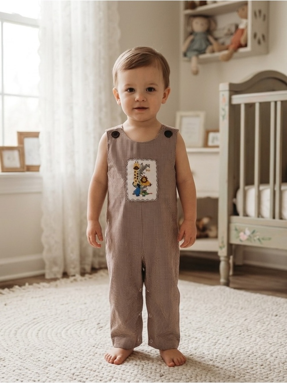 Zucchini Checkered Kids Overalls, Size 18M, Brown, Smocked Zoo Animals.